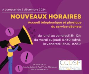 Nouveaux horaires CCDSP à compter du 02 décembre 2024