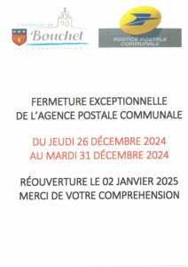 Fermeture de l’Agence Postale Communale du 26 au 31/12 inclus